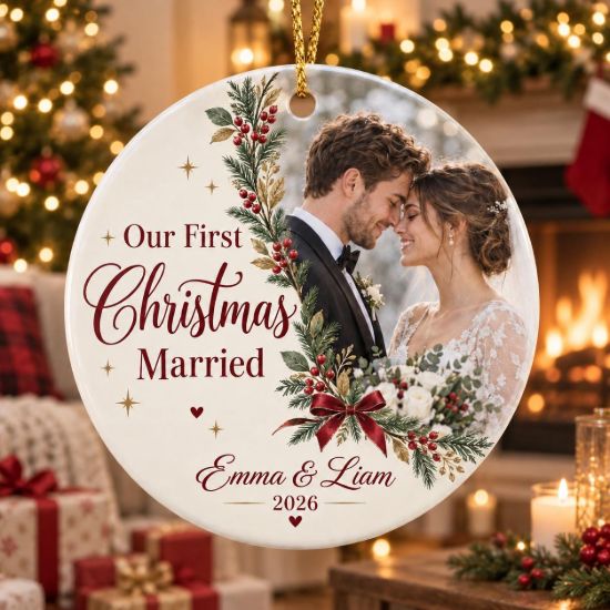 Picture of Personalized First Christmas Married Ornament 2026, Custom Photo Wedding Ornament, Newlywed Couple Christmas Gift, Husband Wife Keepsake