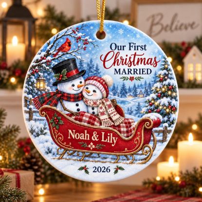 Picture of Personalized First Christmas Married Ornament 2026, Newlywed Couple Christmas Ornament, Custom Snowman Ornament, Wedding Gift for Couple
