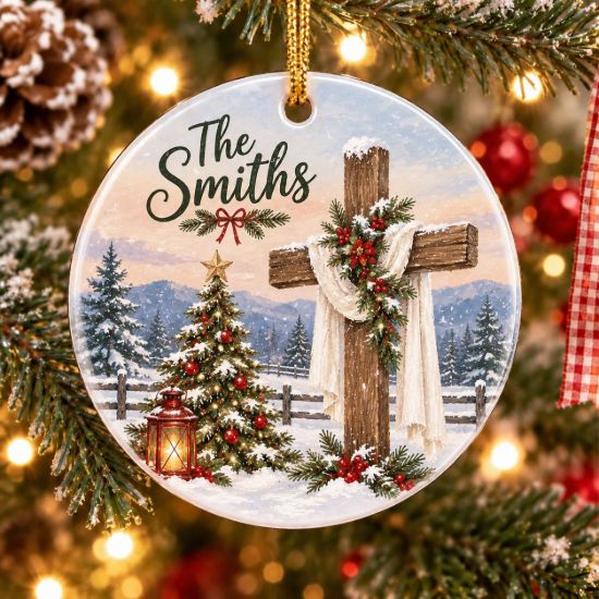 Picture of Personalized Family Christ Jesus Christmas Ornament, Christian Cross Christmas Decor, Religious Christmas Family Keepsake Gift Ornament