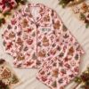 Picture of Personalized Christmas Satin Pajamas for Women, Pink Gingerbread PJ Set, Custom Name Christmas Pajamas Set, Holiday Sleepwear Gift For Her