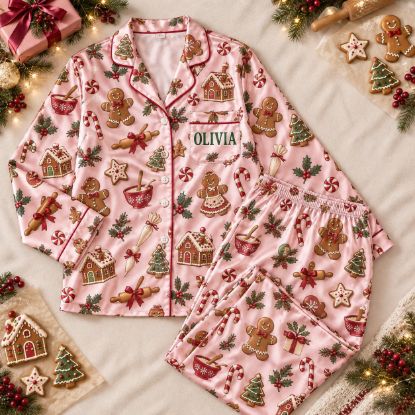 Picture of Personalized Christmas Satin Pajamas for Women, Pink Gingerbread PJ Set, Custom Name Christmas Pajamas Set, Holiday Sleepwear Gift For Her