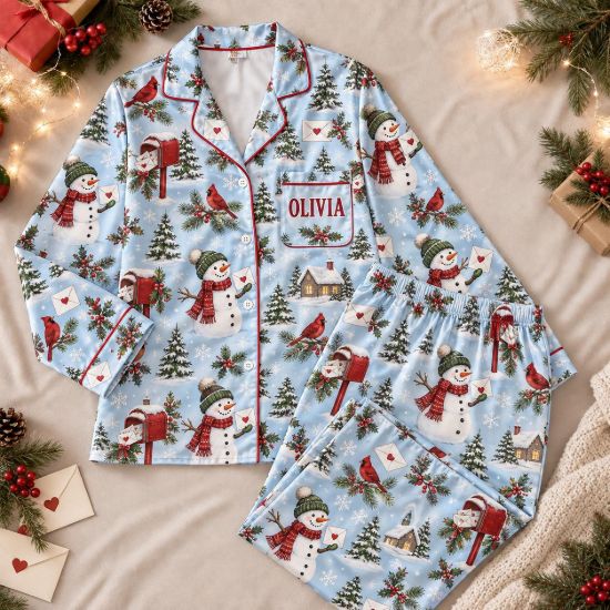 Picture of Personalized Christmas Satin Pajamas for Women, Blue Snowman Mail PJ Set, Custom Name Christmas Pajamas Set, Holiday Sleepwear Gift For Her