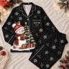 Picture of Personalized Christmas Satin Pajamas for Women, Black Snowman Long PJ Set, Custom Name Christmas Pajamas Set, Holiday Sleepwear Gift For Her