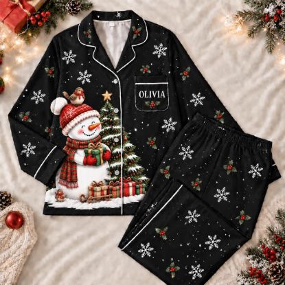 Picture of Personalized Christmas Satin Pajamas for Women, Black Snowman Long PJ Set, Custom Name Christmas Pajamas Set, Holiday Sleepwear Gift For Her