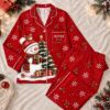 Picture of Personalized Christmas Satin Pajamas for Women, Black Snowman Long PJ Set, Custom Name Christmas Pajamas Set, Holiday Sleepwear Gift For Her