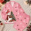Picture of Personalized Christmas Satin Pajamas for Women, Black Snowman Long PJ Set, Custom Name Christmas Pajamas Set, Holiday Sleepwear Gift For Her