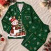 Picture of Personalized Christmas Satin Pajamas for Women, Black Snowman Long PJ Set, Custom Name Christmas Pajamas Set, Holiday Sleepwear Gift For Her