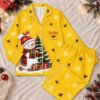 Picture of Personalized Christmas Satin Pajamas for Women, Black Snowman Long PJ Set, Custom Name Christmas Pajamas Set, Holiday Sleepwear Gift For Her