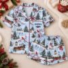 Picture of Personalized Christmas Satin Pajamas for Women, Blue Winter Cardinal Short PJ Set, Custom Name Christmas Pajamas Set, Christmas Gift For Her