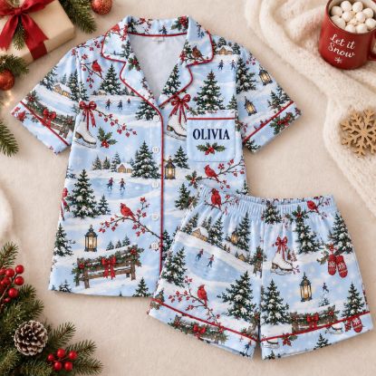 Picture of Personalized Christmas Satin Pajamas for Women, Blue Winter Cardinal Short PJ Set, Custom Name Christmas Pajamas Set, Christmas Gift For Her