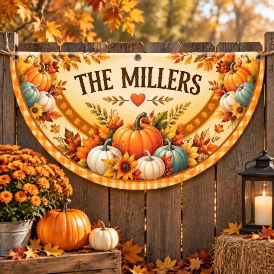 Picture of Personalized Thanksgiving Family Flag, Custom Fall Porch Decor, Pumpkin Harvest Garden Flag, Autumn Outdoor Hanging Sign, Thanksgiving Gift