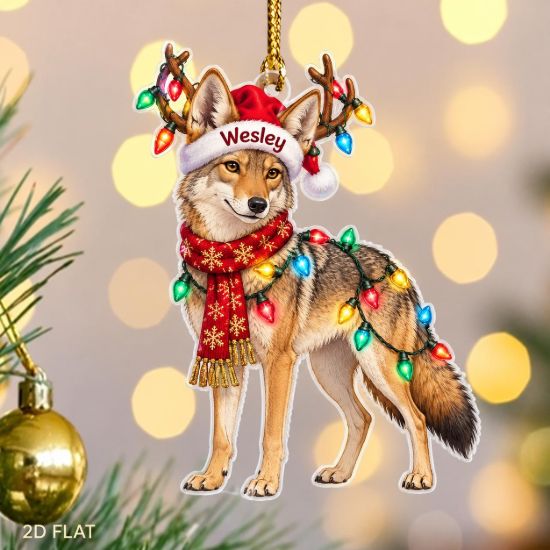 Picture of Personalized Coyote Christmas Ornament, Custom Name Coyote Ornament, Wildlife Lover Gift, Woodland Animal Holiday Keepsake, 2D Flat Ornament
