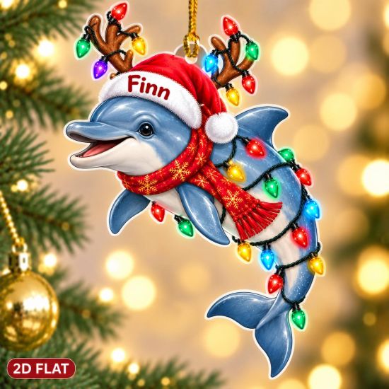 Picture of Personalized Dolphin Christmas Ornament, Custom Name Dolphin Gift, Ocean Lover Ornament, Marine Animal Holiday Keepsake, 2D Flat Ornament