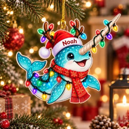 Picture of Personalized Narwhal Christmas Ornament, Custom Name Narwhal Gift, Ocean Animal Ornament, Kids Christmas Keepsake, 2D Flat Christmas Decor