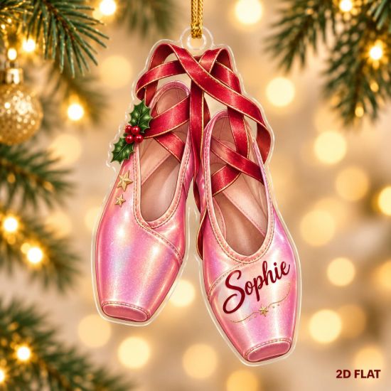 Picture of Personalized Ballet Shoes Christmas Ornament, Custom Name Ballerina Gift, Dance Recital Keepsake, Dancer Holiday Ornament, 2D Flat Keepsake
