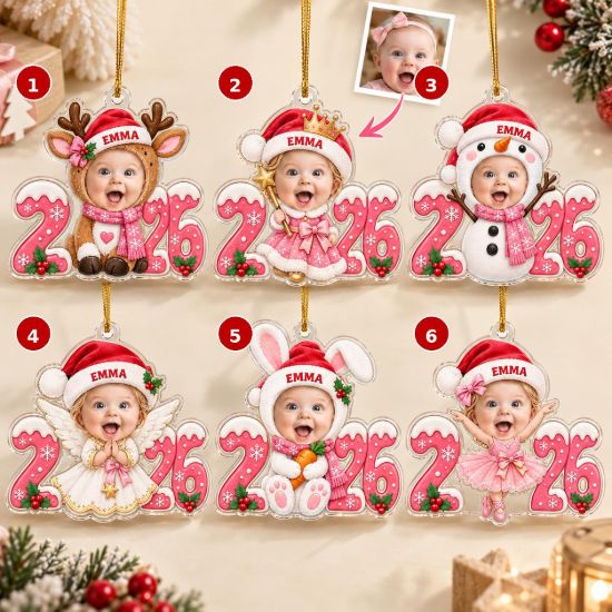 Picture of Personalized Baby Photo Christmas Ornament 2026, Custom Name First Christmas Keepsake, Reindeer Angel Christmas Bunny Snowman Ballerina Gift