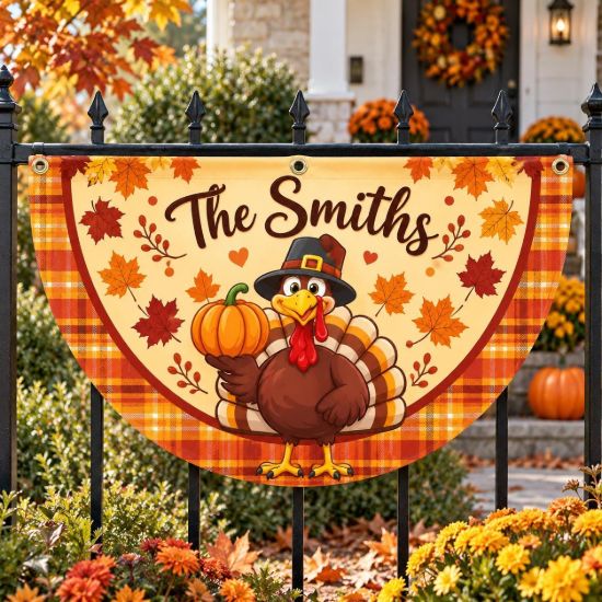 Picture of Personalized Thanksgiving Semi Circle Flag, Custom Family Name Turkey Porch Banner, Fall Plaid Outdoor Decor, Pumpkin Harvest Fence Flag