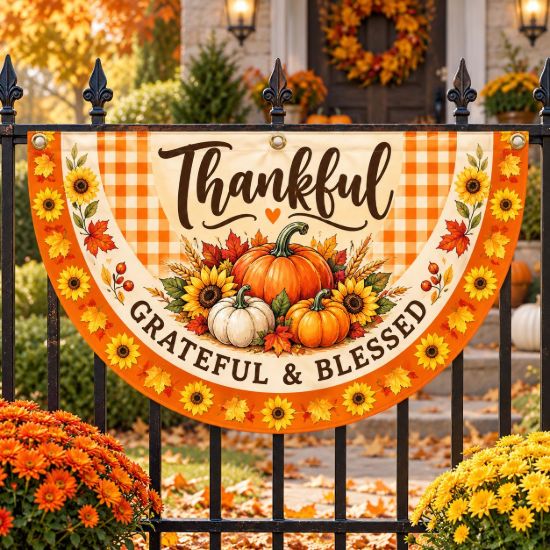 Picture of Thankful Grateful Blessed Thanksgiving Semi Circle Flag, Pumpkin Sunflower Fall Porch Banner, Autumn Plaid Railing Decor, Harvest Fence Flag