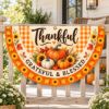 Picture of Thankful Grateful Blessed Thanksgiving Semi Circle Flag, Pumpkin Sunflower Fall Porch Banner, Autumn Plaid Railing Decor, Harvest Fence Flag