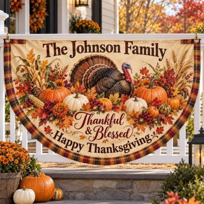 Picture of Personalized Thanksgiving Semi Circle Flag, Custom Family Name Turkey Porch Banner, Thankful Blessed Fall Railing Decor, Harvest Fence Flag