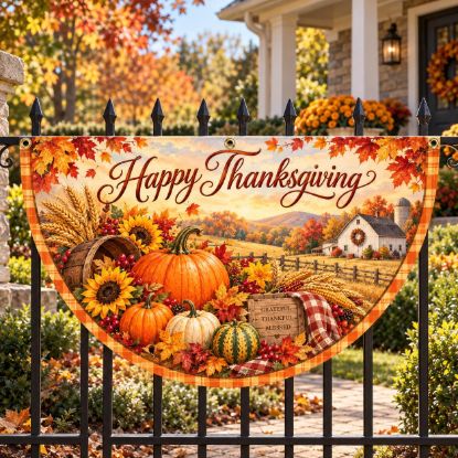 Picture of Happy Thanksgiving Semi Circle Flag, Fall Farmhouse Porch Banner, Pumpkin Harvest Railing Decor, Autumn Barn Scene Fence Flag Thanksgiving