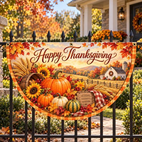 Picture of Happy Thanksgiving Semi Circle Flag, Fall Farmhouse Porch Banner, Pumpkin Harvest Railing Decor, Autumn Barn Scene Fence Flag Thanksgiving