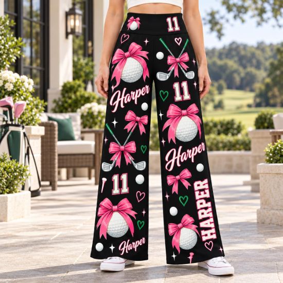 Picture of Personalized Golf Wide Leg Pants for Women, Custom Name and Number Golf Ball Bow Trousers, Burgundy Pink Golf Outfit, Golf Lover Gift