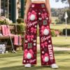 Picture of Personalized Golf Wide Leg Pants for Women, Custom Name and Number Golf Ball Bow Trousers, Burgundy Pink Golf Outfit, Golf Lover Gift