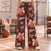 Picture of Personalized Basketball Wide Leg Pants for Women, Custom Name and Number Bow Basketball Print, Brown Pink Game Day Outfit, Player Gift