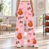 Picture of Personalized Basketball Wide Leg Pants for Women, Custom Name and Number Bow Basketball Print, Brown Pink Game Day Outfit, Player Gift