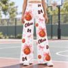 Picture of Personalized Basketball Wide Leg Pants for Women, Custom Name and Number Bow Basketball Print, Brown Pink Game Day Outfit, Player Gift