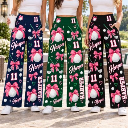 Picture of Custom Golf Wide Leg Pants for Women, Personalized Name and Number Golf Pants, Pink Bow Golf Ball Print, Burgundy Golf Outfit Gift