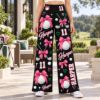 Picture of Custom Golf Wide Leg Pants for Women, Personalized Name and Number Golf Pants, Pink Bow Golf Ball Print, Burgundy Golf Outfit Gift