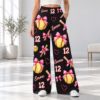Picture of Personalized Softball Pants for Women, Custom Name and Number Wide Leg Pants, Pink Bow and Yellow Softball Print, Game Day Softball Gift