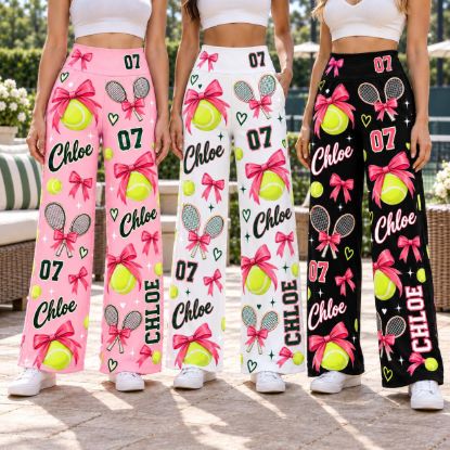 Picture of Custom Tennis Wide Leg Pants for Women, Personalized Name and Number, Pink Bow Tennis Print, Tennis Player Gift Women Long Pant Tennis