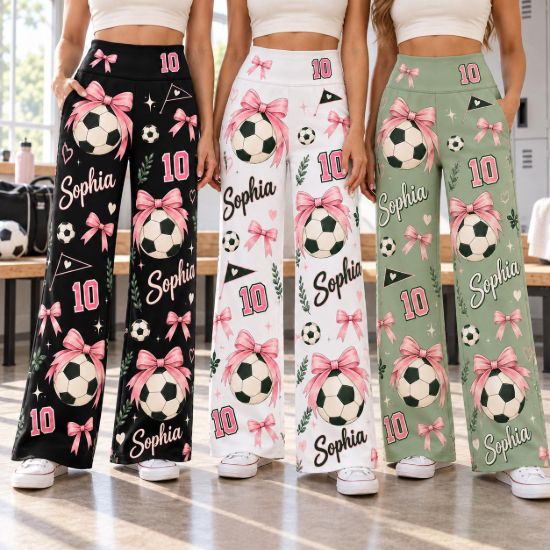 Picture of Personalized Soccer Wide Leg Pants for Women, Custom Name and Number Soccer Pants, Pink Bow Soccer Ball Print, Soccer Player Gift Pant