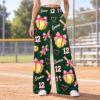Picture of Custom Softball Wide Leg Pants for Women, Personalized Name and Number Pink Game Day Pants, Bow Softball Print, Softball Player Gift Pant