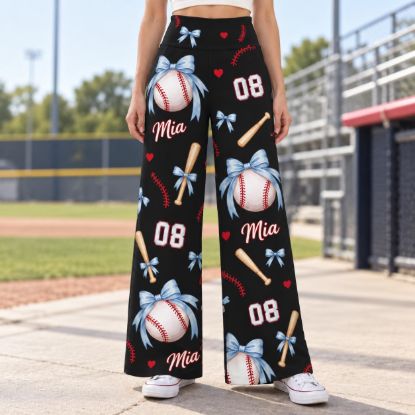 Picture of Custom Baseball Wide Leg Pants for Women, Personalized Name and Number Game Day Pants, Blue Bow Baseball Print, Baseball Player Gift Pant