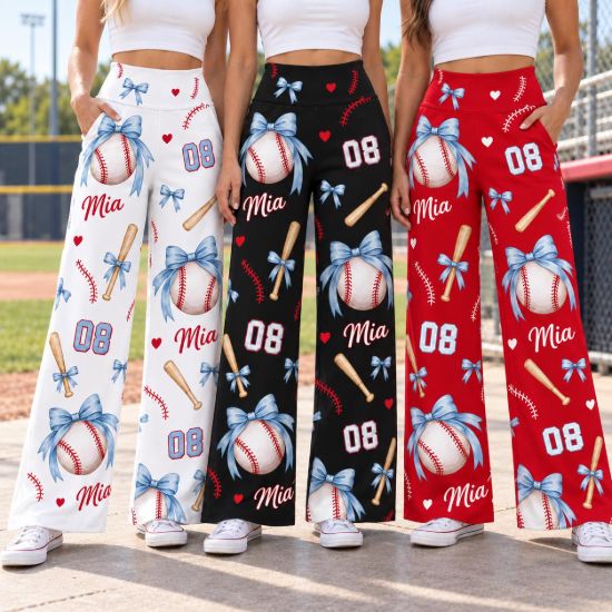 Picture of Personalized Baseball Pants for Women, Custom Name and Number Wide Leg Game Day Pants, Blue Bow Baseball Print, Team Spirit Gift Baseball