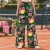 Picture of Personalized Tennis Wide Leg Pants, Custom Name and Number Tennis Outfit, Pink Bow Tennis Ball Print, Women's Tennis Gift Pant Player