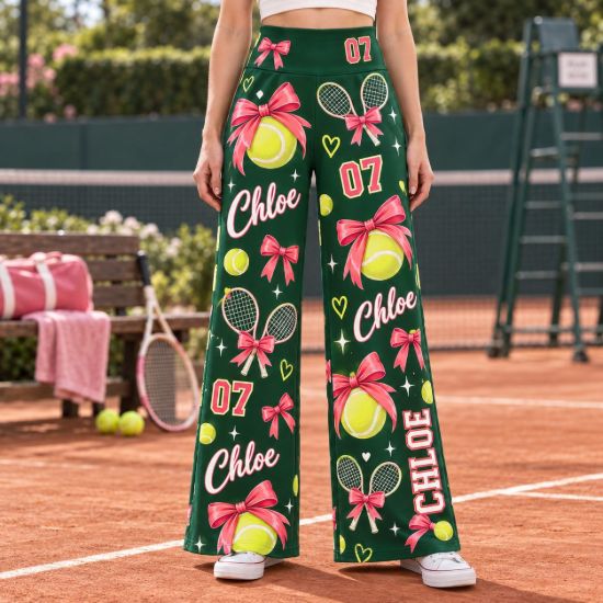 Picture of Personalized Tennis Wide Leg Pants, Custom Name and Number Tennis Outfit, Pink Bow Tennis Ball Print, Women's Tennis Gift Pant Player