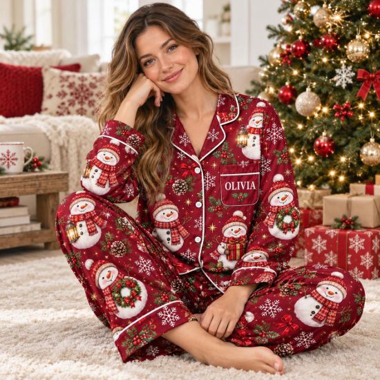 Picture of Personalized Christmas Snowman Christmas Satin Pajamas for Women, Custom Name Christmas Holiday Pajama Set, Winter Sleepwear Gift for Her