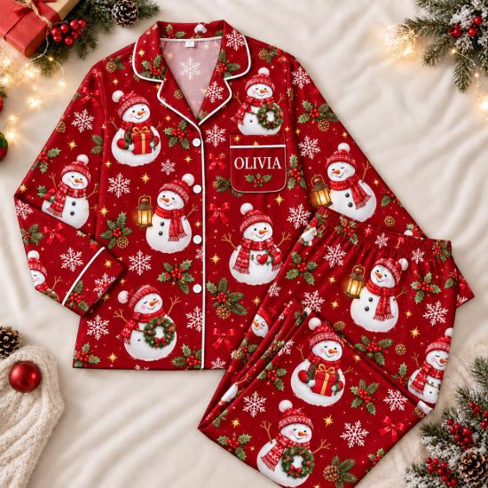 Picture of Personalized Snowman Christmas Satin Pajamas for Women, Custom Name Red Holiday Pajama Set, Long Sleeve Button Up Christmas Sleepwear