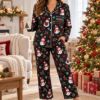 Picture of Personalized Snowman Christmas Satin Pajamas for Women, Custom Name Red Holiday Pajama Set, Long Sleeve Button Up Christmas Sleepwear