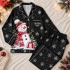 Picture of Personalized Snowman Satin Pajamas for Women, Custom Black Christmas Pajama Set, Winter Snowflake Button Up Sleepwear, Holiday Gift for Her