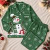 Picture of Personalized Snowman Satin Pajamas for Women, Custom Black Christmas Pajama Set, Winter Snowflake Button Up Sleepwear, Holiday Gift for Her