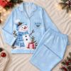 Picture of Personalized Snowman Satin Pajamas for Women, Custom Black Christmas Pajama Set, Winter Snowflake Button Up Sleepwear, Holiday Gift for Her