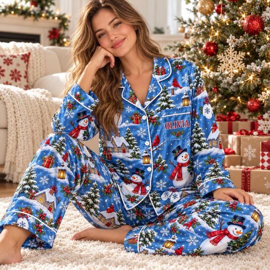 Picture of Personalized Blue Christmas Satin Pajamas for Women, Custom Name Snowman Pajama Set, Snowy Village Button Up Sleepwear, Holiday Gift for Her