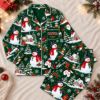 Picture of Personalized Blue Christmas Satin Pajamas for Women, Custom Name Snowman Pajama Set, Snowy Village Button Up Sleepwear, Holiday Gift for Her