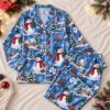 Picture of Personalized Blue Christmas Satin Pajamas for Women, Custom Name Snowman Pajama Set, Snowy Village Button Up Sleepwear, Holiday Gift for Her